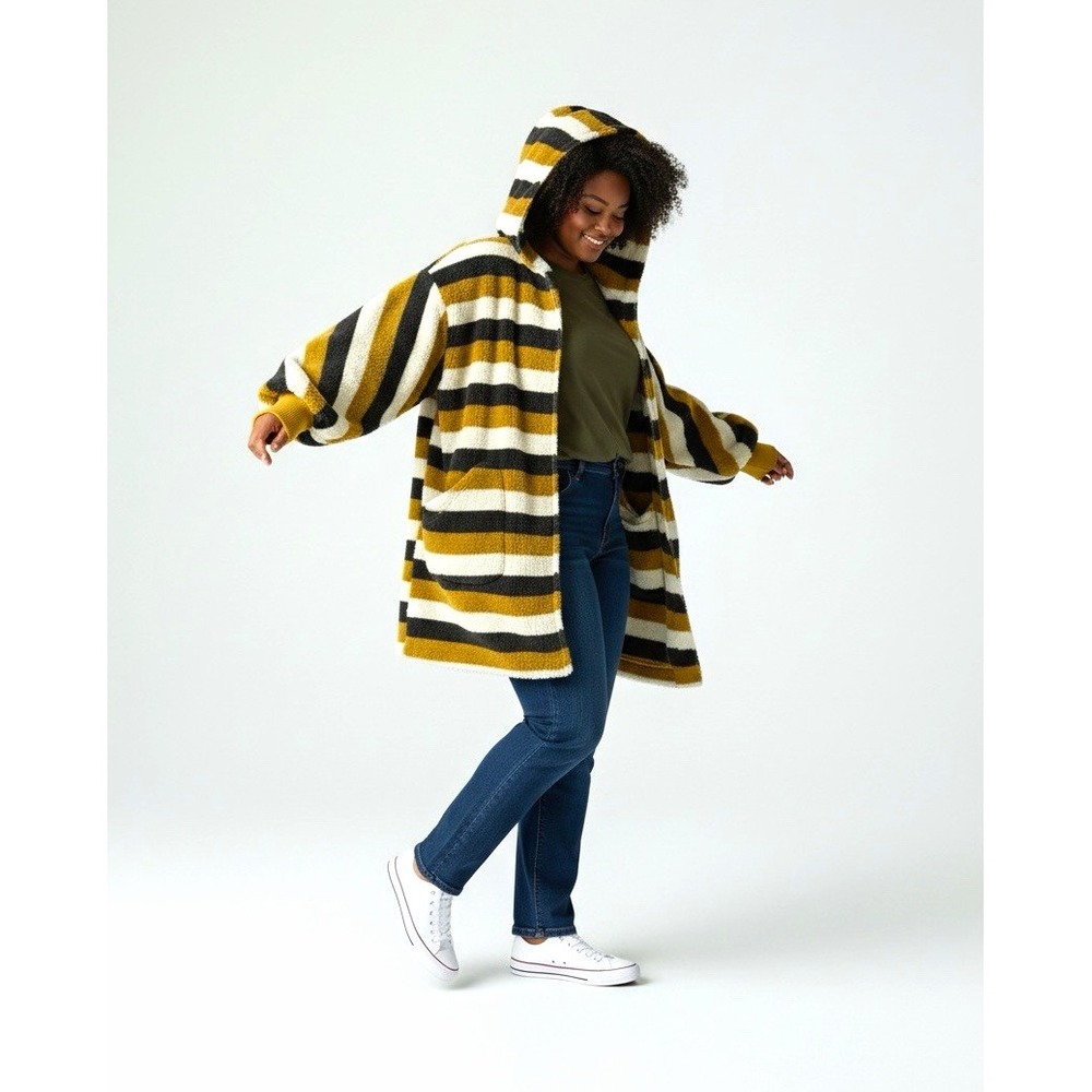 Mystree Women's S Mustard/Brown/Cream Striped Oversized Hooded Mid-Length Jacket